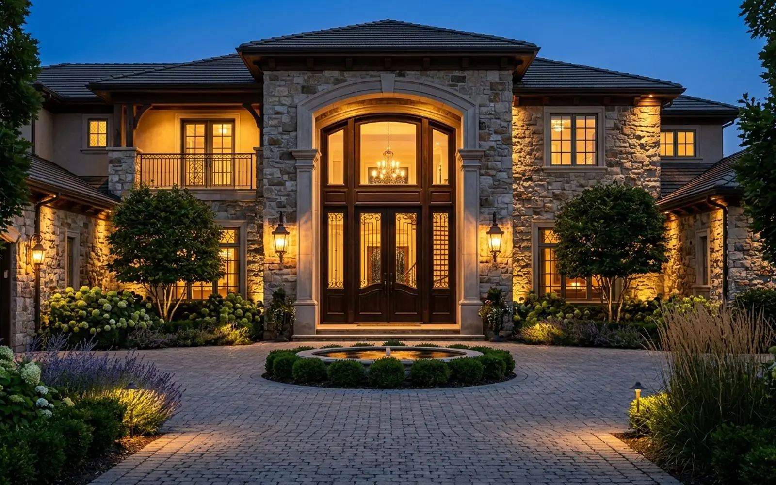 Grand luxury home entrance at dusk